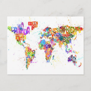 Paint Splashes Text Map of the World Postcard
