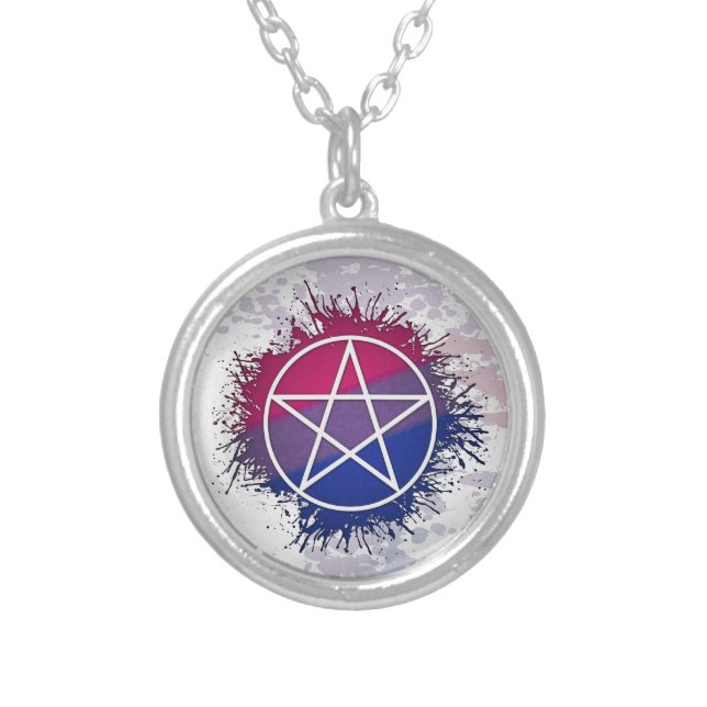 Paint Splatter Bisexual Pride Pentacle Symbol Silver Plated Necklace (Front)