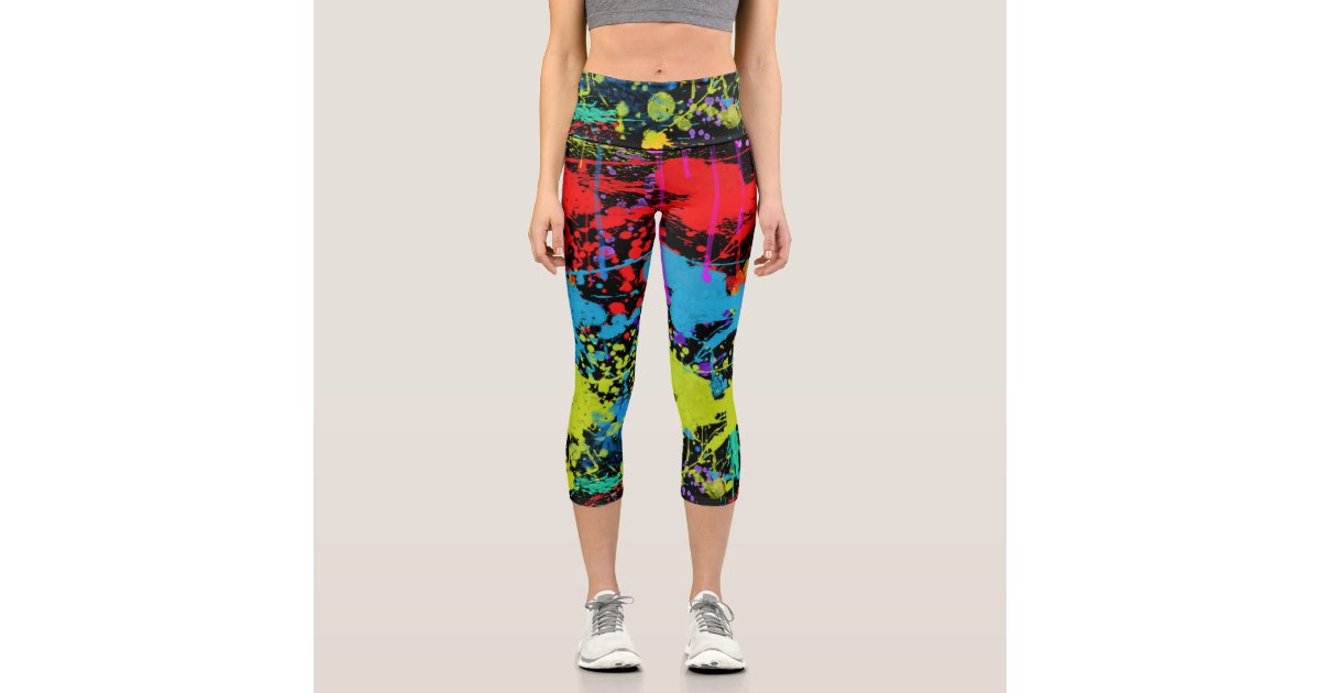 Splatting the Orange Capri Leggings Splatter Paint Leggings Black