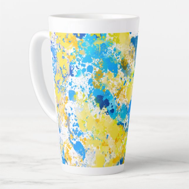 Paint Splatter Blue and Yellow Latte Mug (Left Angle)