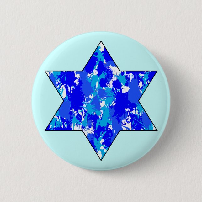 Paint Splatter Blue Jewish Star Button (Front)