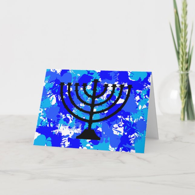 Paint Splatter Blue Menorah Holiday Card (Front)