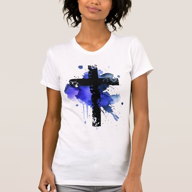 Paint Splatter Christian Cross - Blue T-Shirt (Front)