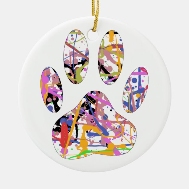 Paint Splatter Dog Paw Print Ceramic Ornament (Front)