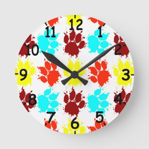 Paint Splatter Dog Paw Print Pattern Round Clock