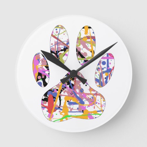 Paint Splatter Dog Paw Print Round Clock