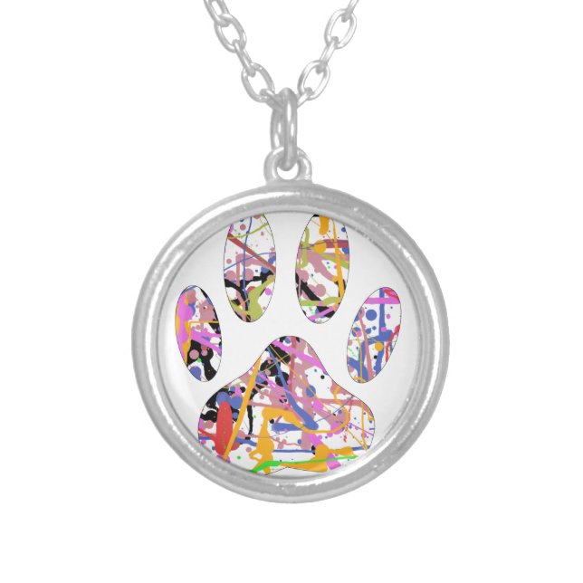 Paint Splatter Dog Paw Print Silver Plated Necklace (Front)