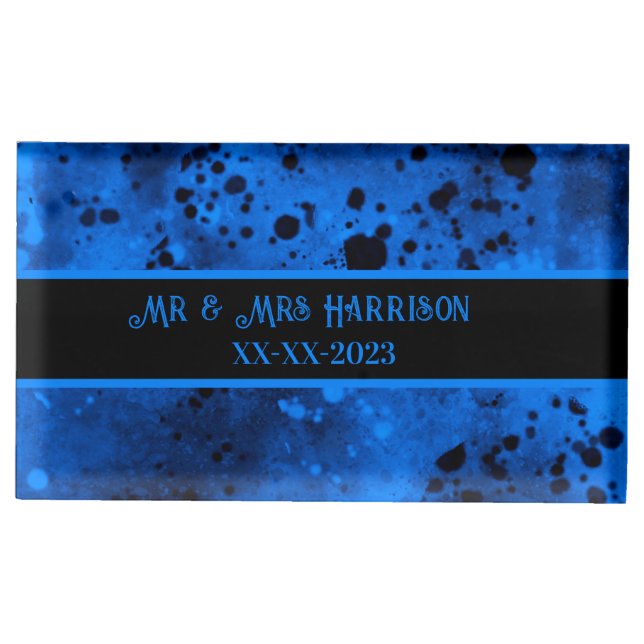 Paint Splatter Effect Blue & Black  Place Card Holder (Front)