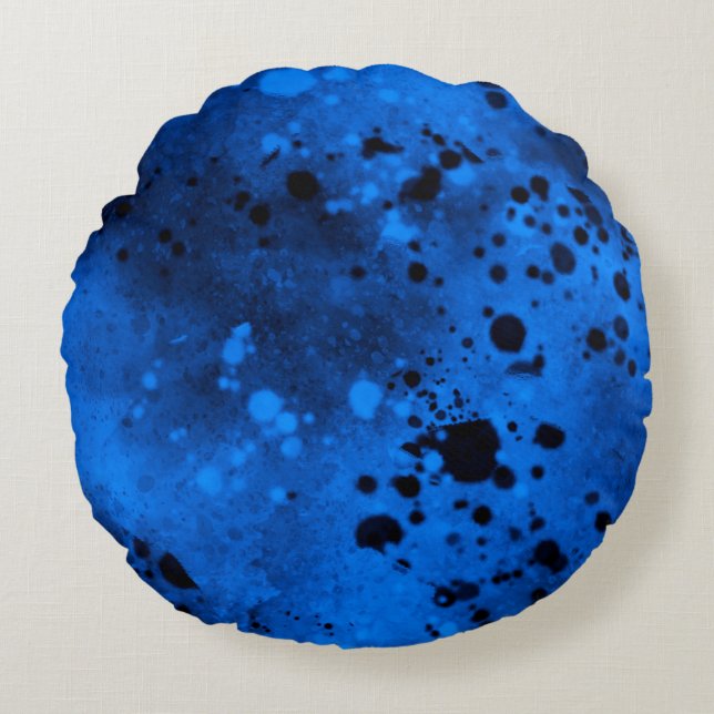 Paint Splatter effect Blue & Black Round Pillow (Front)