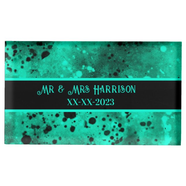 Paint Splatter Effect Green & Black  Place Card Holder (Front)