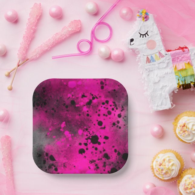 Paint Splatter Effect Pink & Black  Paper Plates (Party)
