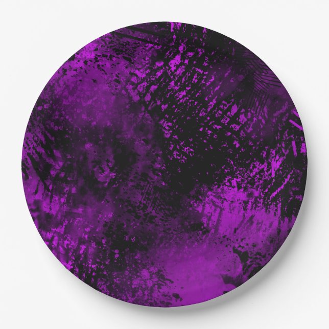 Paint Splatter effect Purple & Black  Paper Plates (Front)