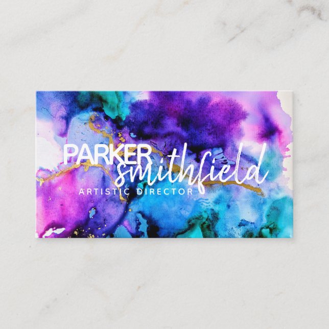 Paint Splatter Gold and Purple Simple Business Card (Front)
