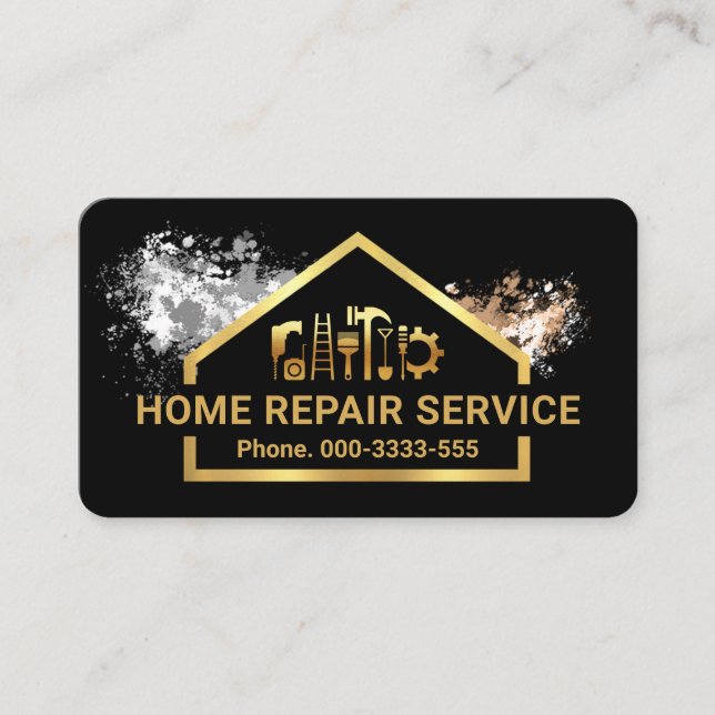 Paint Splatter Gold Building Tools Frame Business Card (Front)