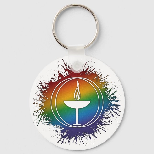 Paint Splatter LGBT Rainbow Unitarian Universalism Keychain (Front)
