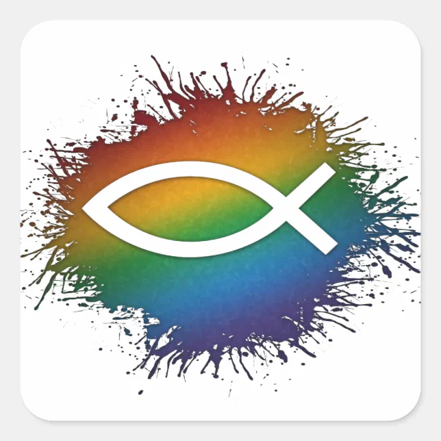Paint Splatter LGBTQ Pride Rainbow Christian Fish Square Sticker | Zazzle