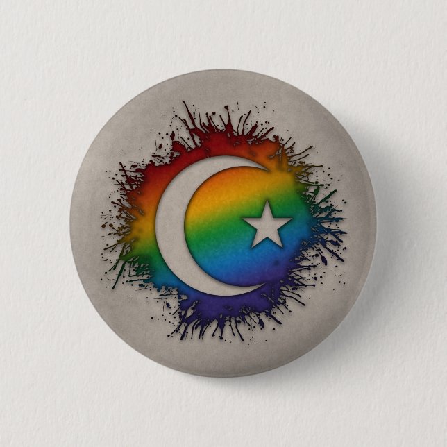Paint Splatter LGBTQ Rainbow Star and Crescent Button (Front)