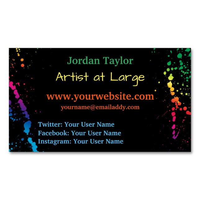 [Paint Splatter] Modern Abstract Artist Black Business Card Magnet (Front)
