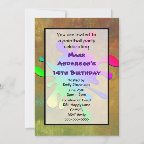 Paint Splatter Paintball Birthday Invitation