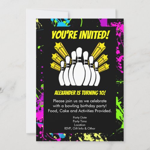 Paint Splatter Stars Bowling Party Birthday Invitation