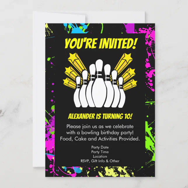 Paint Splatter Stars Bowling Party Birthday Invitation | Zazzle