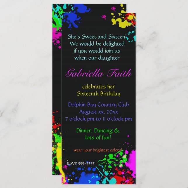 Paint Splatter Sweet Sixteen Custom Invitation (Front/Back)