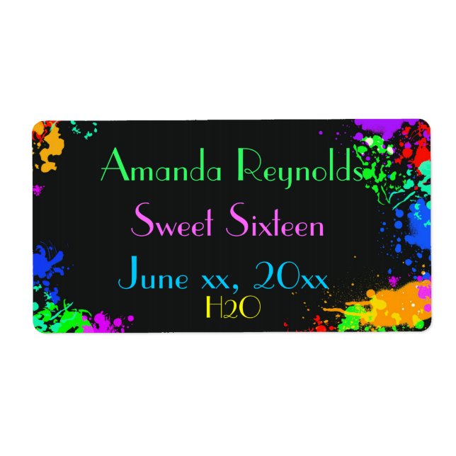 Paint Splatter, Sweet Sixteen, Custom Water Bottle Label (Front)