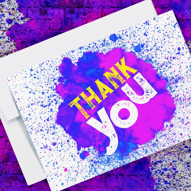 Paint Splatter Thank You - Blue on White (purple paint splatter thank you card and envelope against a paint splattered brick background)