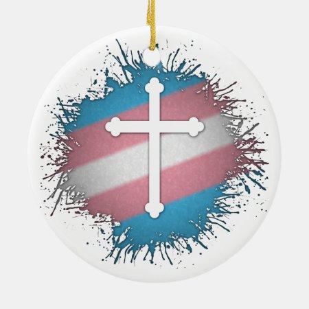 Paint Splatter Transgender Pride Christian Cross Ceramic Ornament