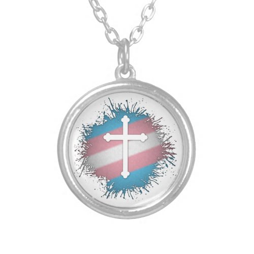Paint Splatter Transgender Pride Christian Cross Silver Plated Necklace