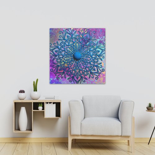 Paint Splatters On Blue Embossed Mandala Flower Canvas Print