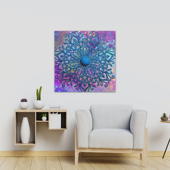 Paint Splatters On Blue Embossed Mandala Flower Canvas Print (Creator Uploaded)