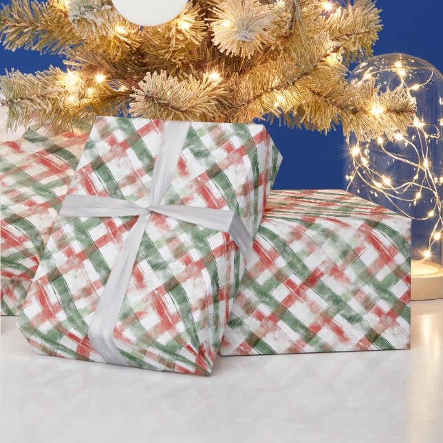 Paint Stroke Red and Green Plaid Wrapping Paper (Holidays)