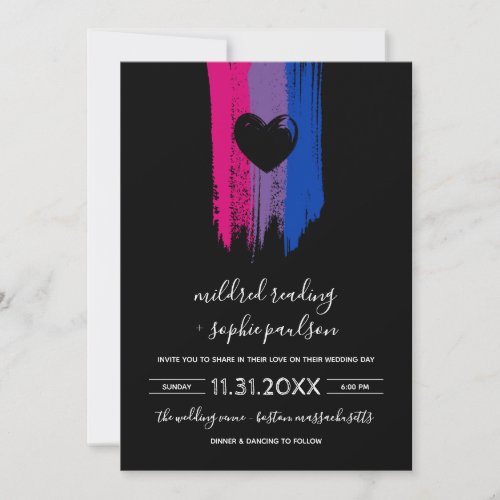 Paint Strokes Bisexual Flag  Black Heart Wedding Invitation