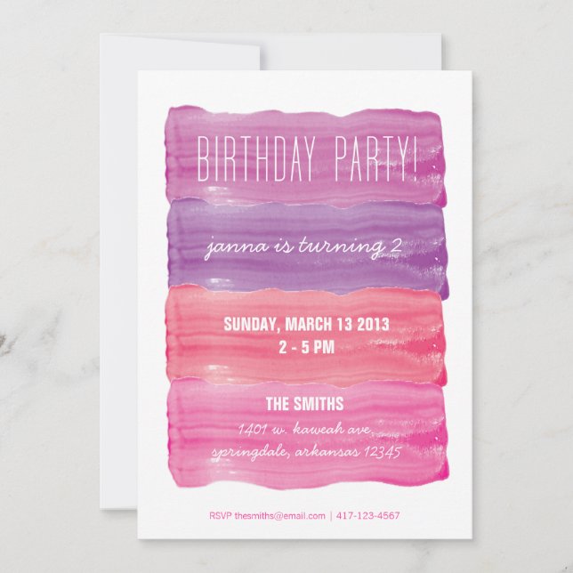 Paint Strokes Girls Birthday Party Invitation (Front)
