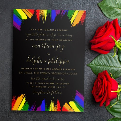 Paint Strokes Pride Flag Black Formal LGBT Wedding Foil Invitation