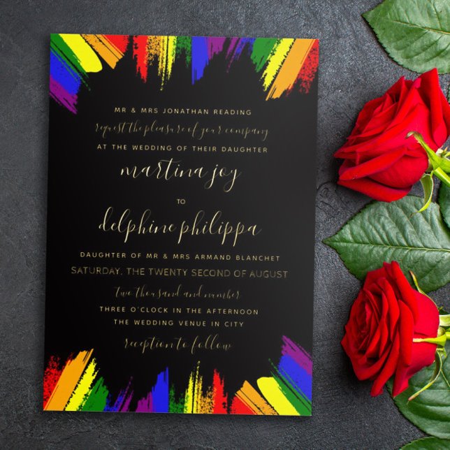 Paint Strokes Pride Flag Black Formal LGBT Wedding Foil Invitation (Creator Uploaded)