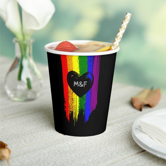 Paint Strokes Pride Flag & Black Heart Initials Paper Cups (Insitu)