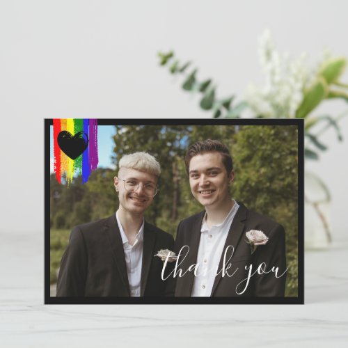 Paint Strokes Pride Flag Black Heart Photo Wedding Thank You Card