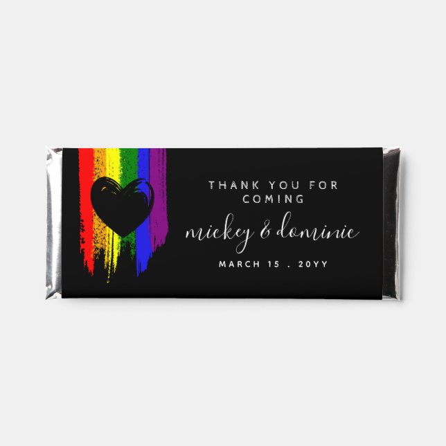 Paint Strokes Pride Flag & Black Heart Wedding Hershey Bar Favors (Front)