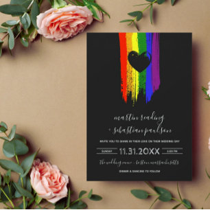 Paint Strokes Pride Flag & Black Heart Wedding Invitation