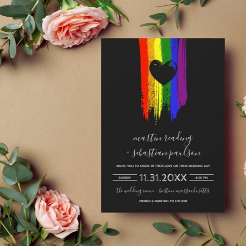 Paint Strokes Pride Flag  Black Heart Wedding Invitation