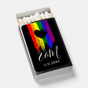 Paint Strokes Pride Flag & Black Heart Wedding Matchboxes