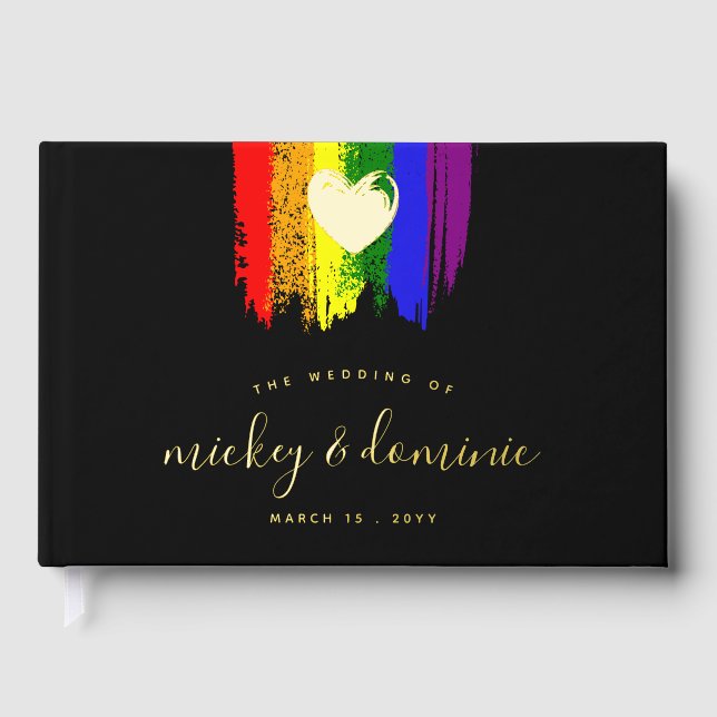 Paint Strokes Pride Flag & Gold Heart Wedding Foil Guest Book (Front)