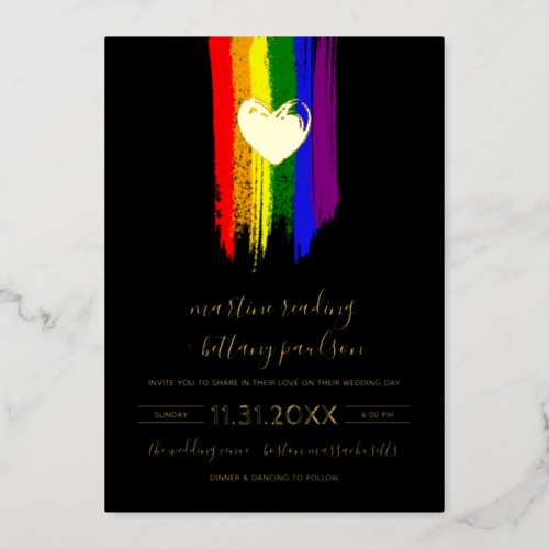 Paint Strokes Pride Flag  Gold Heart Wedding Foil Invitation