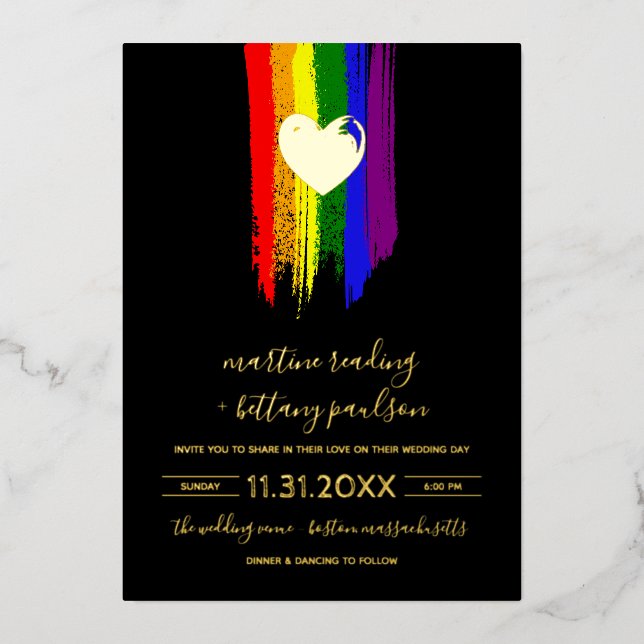 Paint Strokes Pride Flag & Gold Heart Wedding Foil Invitation (Front)