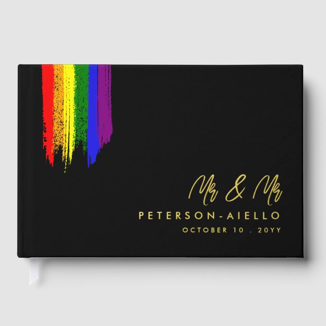Paint Strokes Pride Flag Gold Text Wedding Foil Guest Book (Front)