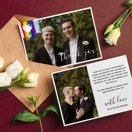 Paint Strokes Pride Flag White Heart Photo Wedding Thank You Card