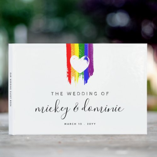Paint Strokes Pride Flag  White Heart Wedding Guest Book