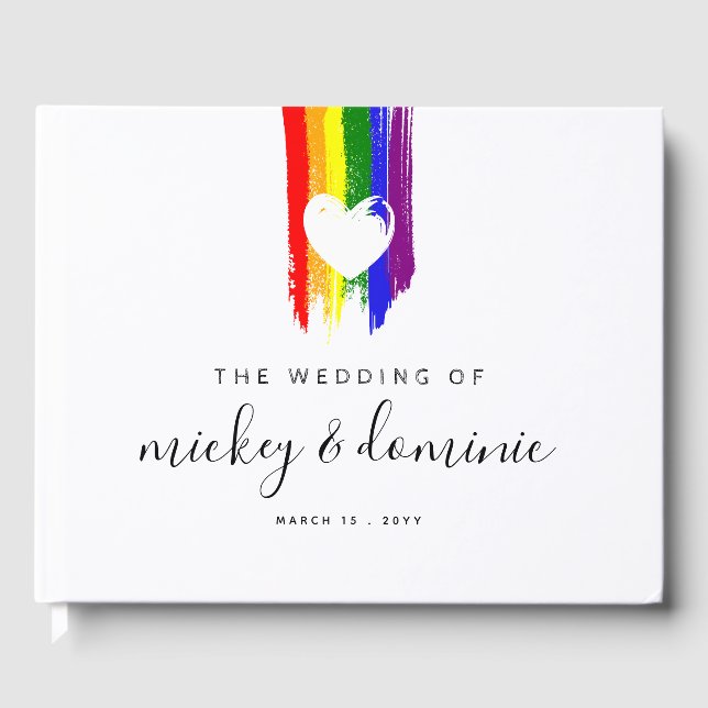 Paint Strokes Pride Flag & White Heart Wedding Guest Book (Front)